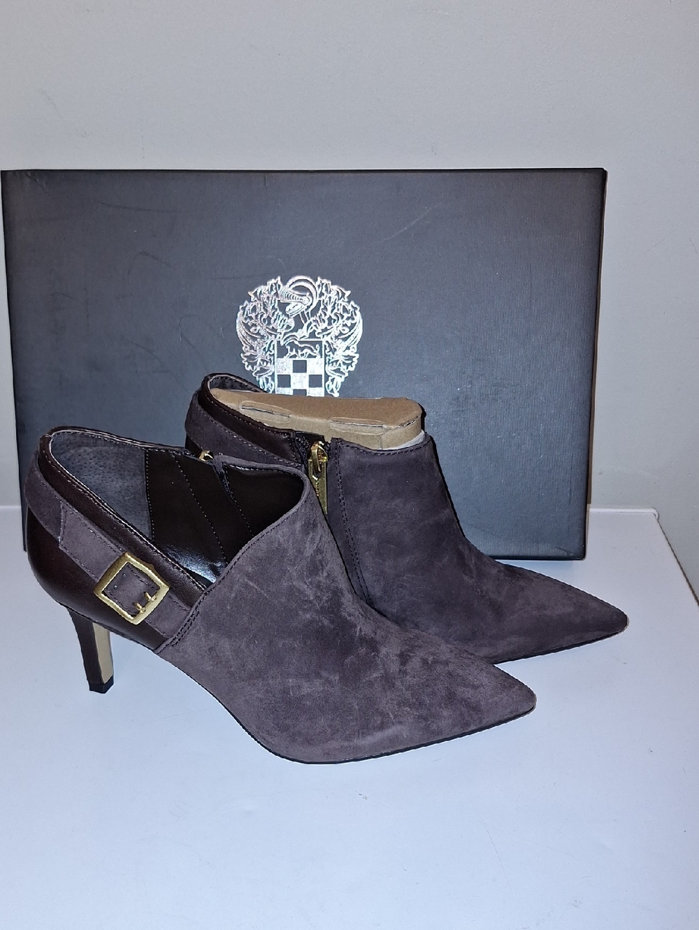 Vince Camuto Dark Brown Suede Pointed Toe Ankle Booties with Buckle